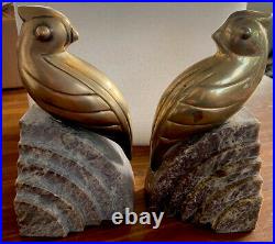 Vintage Art Deco Brass Birds Sitting on Marble Bookend Set