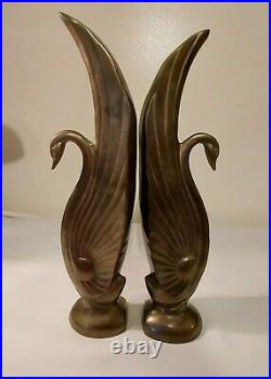 Vintage Art Deco Brass Swan Bookends 14 1/2 Pair Hollywood Regency Decor