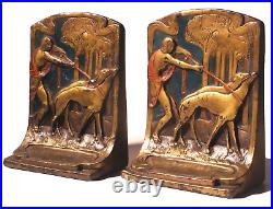 Vintage Art Deco Bronze Clad Bookends Lady Walking Whippets