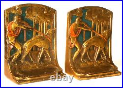 Vintage Art Deco Bronze Clad Bookends Lady Walking Whippets