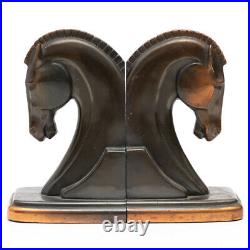 Vintage Art Deco Cast Metal Horse Head Bookends Bronze Patina