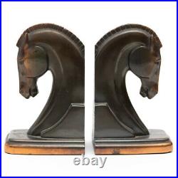 Vintage Art Deco Cast Metal Horse Head Bookends Bronze Patina