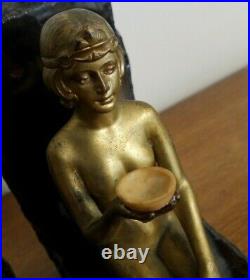 Vintage Art Deco Gold Gilt Bronze Kneeling Women Mounted Black Onyx Bookends
