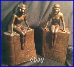 Vintage Art Deco Littco Products Metal Nude Nymph Pair Bookends, Intact Label