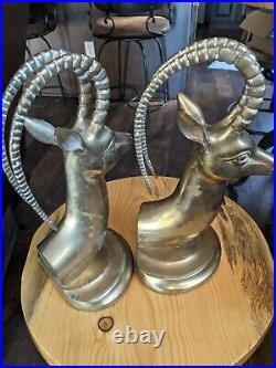 Vintage Art Deco MCM Antelope Gazelle Heavy Curved 12 Brass Bookends
