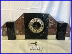 Vintage Art Deco Nouveau Marble & Onyx Mantle Clock w Matching Bookends