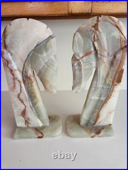 Vintage Art Deco Onyx Stone Trojan Horse Head Hand Carved Bookends. Chess Knight