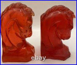 Vintage Art Deco Red Translucent Lucite Horse Head Bookends RARE