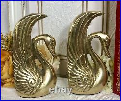 Vintage Art Deco Solid Brass Swan Book Ends Paperweights Bird Hollywood Regency