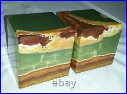Vintage Art Deco Style Cube Bookends Green Brown Onyx Marble Italy