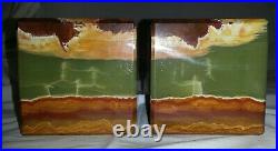 Vintage Art Deco Style Cube Bookends Green Brown Onyx Marble Italy