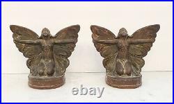 Vintage Art Nouveau Bronze Butterfly Girl Bookends 1920's