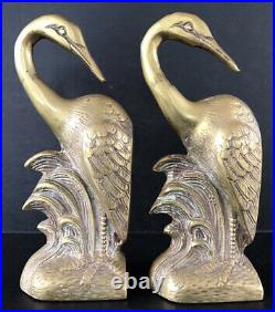 Vintage Brass Bookends Egret Crane Heron Birds Mid Century Art Deco