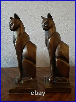 Vintage Bronze Color Art Deco Cubist Egyptian Cat Siamese Bookends Frankart Era