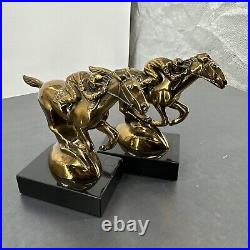 Vintage Bronze Horse Race Pair Of Bookends With Marble Base