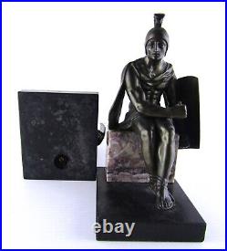 Vintage Bronze Roman Soldier Seated on Marble Heavy Bookends 8 inch, DAMAGED