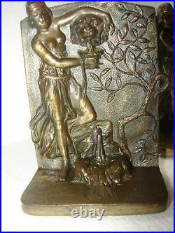 Vintage Cast Iron Art Deco Semi Nude Girl at Fountain Lion Face Bookends