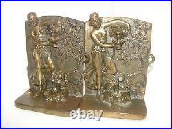 Vintage Cast Iron Art Deco Semi Nude Girl at Fountain Lion Face Bookends