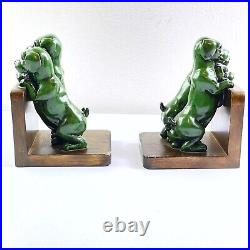 Vintage Deco Green dog bookends Three Hound Labs Peeking Over Fence A. Kelty