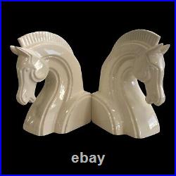 Vintage FITZ & Floyd White Ceramic Horse Head Bookends MCM Art Deco Japan RARE