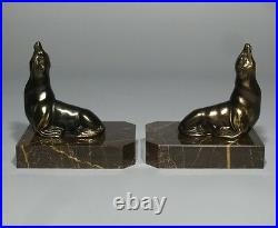 Vintage French Art Deco Spelter and Marble Bookends, Seals