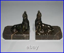 Vintage French Art Deco Spelter and Marble Bookends, Seals