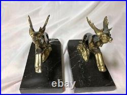 Vintage French Heavy Marble Bronzed Spelter Leaping Stag Deer Bookends c1930s