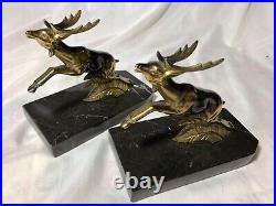 Vintage French Heavy Marble Bronzed Spelter Leaping Stag Deer Bookends c1930s