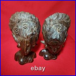 Vintage Hand Carved Wooden Woman Bust Bookends Sculpture Set of 2