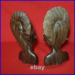 Vintage Hand Carved Wooden Woman Bust Bookends Sculpture Set of 2