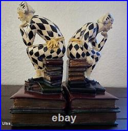 Vintage Harlequin French Bookends Hand Painted Jester Joker Art Deco 1900's