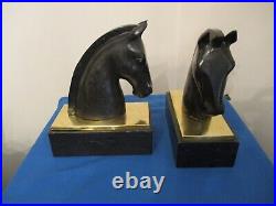 Vintage Heavy Hand Carved Black Stone Marble & Brass Horse Head Bookends