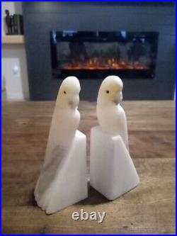 Vintage Italian white Alabaster Cockatoo Bookends Hand Carved Art Deco