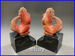 Vintage Italy Hand Carved Stone Rooster Bookends on a Marble Base 7 1/4 H