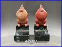 Vintage Italy Hand Carved Stone Rooster Bookends on a Marble Base 7 1/4 H