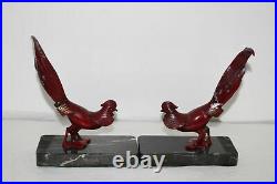 Vintage Jb Hirsch French Art Deco Red Pheasant Bookends/book Ends-marble Base
