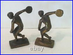 Vintage Jennings Bro's Bronzed Overlay Cast Iron Bookends of Male Discus Thrower