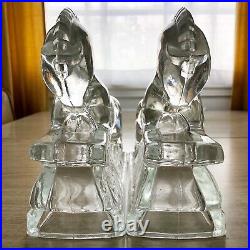 Vintage LE SMITH Art Deco Galloping Horses Bookends Figurines Clear Glass Pair