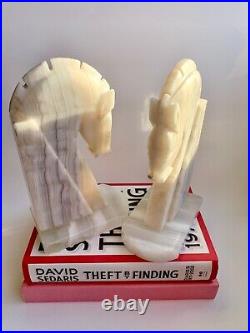 Vintage Large Art Deco White and Ivory Stripe Onyx Carved Horse Head Bookends