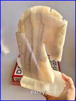 Vintage Large Art Deco White and Ivory Stripe Onyx Carved Horse Head Bookends