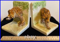 Vintage Leopard Pair of Ceramic Bookends on Branches Brown Black Cream Color