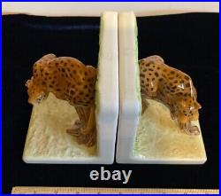 Vintage Leopard Pair of Ceramic Bookends on Branches Brown Black Cream Color