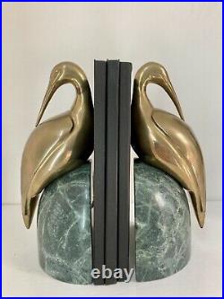 Vintage MCM Art Deco Green Marble & Brass Egret Bird Crane Bookends