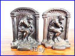 Vintage Metal Bookends Rodins Sculpture The Thinker High Relief Casting 1920s