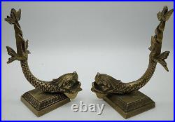 Vintage Oriental Fish Statue Brass Art Deco Koi Gold Bronze Pair MCM Set Dragon