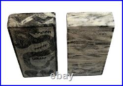Vintage Pair Art Deco Black Gray Marble Bookends Books Etched Faces Snake Mask
