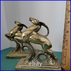 Vintage Pair Art Deco Gazelle Antelope Deer White Metal Brass Tone Bookend