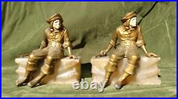 Vintage Pair Cast Spelter Pirate Bookends On Marble J. B. Hirsch Style