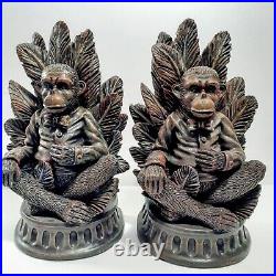 Vintage Pair Monkey Palm Bow Tie Bookends Heavy Resin Intricate/ Sophisticated