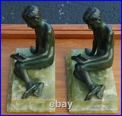 Vintage Pair of Ferdinand Lugerth Art Deco Bronze Bookends of Boy Reading a Book